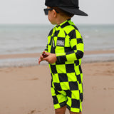 UPF50+ Boys Swim Romper in Neon Electric Lime + Black Checkered