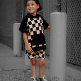 Short Sleeve Hoodie in Taupe + Black Checkered