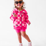 Girl's Full Zip Hoodie in Bubble Gum Checkered