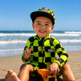 UPF50+ Boys Swim Romper in Neon Electric Lime + Black Checkered