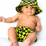 Hybrid Swim Trunks in Neon Electric Lime + Black Checkered