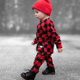 Organic Ribbed Set in Smoke + Crimson