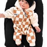 Hooded Fleece Romper in Cream + Taupe Checkered