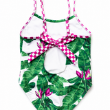 UPF50+ Girls Bow-Back One Piece Swimsuit in Palm Paradise
