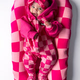 Hooded Fleece Romper in Bubble Gum Checkered