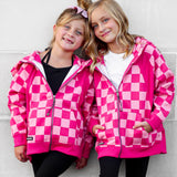Girl's Full Zip Hoodie in Bubble Gum Checkered