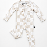 Ruffled Bamboo Zippy Sleeper in Salt + Sand Checkered