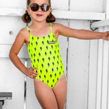 UPF50+ Girls Bow-Back One Piece Swimsuit in Neon Electric Lime x Jagger