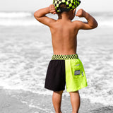 Hybrid Swim Trunks in Neon Electric Lime + Black Colorblock