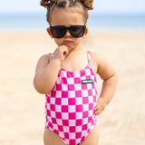UPF50+ Girls Bow-Back One Piece Swimsuit in Bubble Gum Checkered
