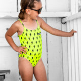 UPF50+ Girls Bow-Back One Piece Swimsuit in Neon Electric Lime x Jagger