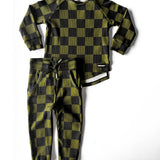 Organic Ribbed Set in Black + Olive Checkered