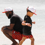 Men's Hybrid Swim Trunks in Americana Red + Black Checkered