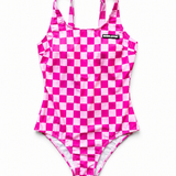 UPF50+ Women's One Piece Swimsuit in Bubble Gum Checkered