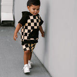 Short Sleeve Hoodie in Taupe + Black Checkered