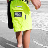 Hybrid Swim Trunks in Neon Electric Lime + Black Colorblock