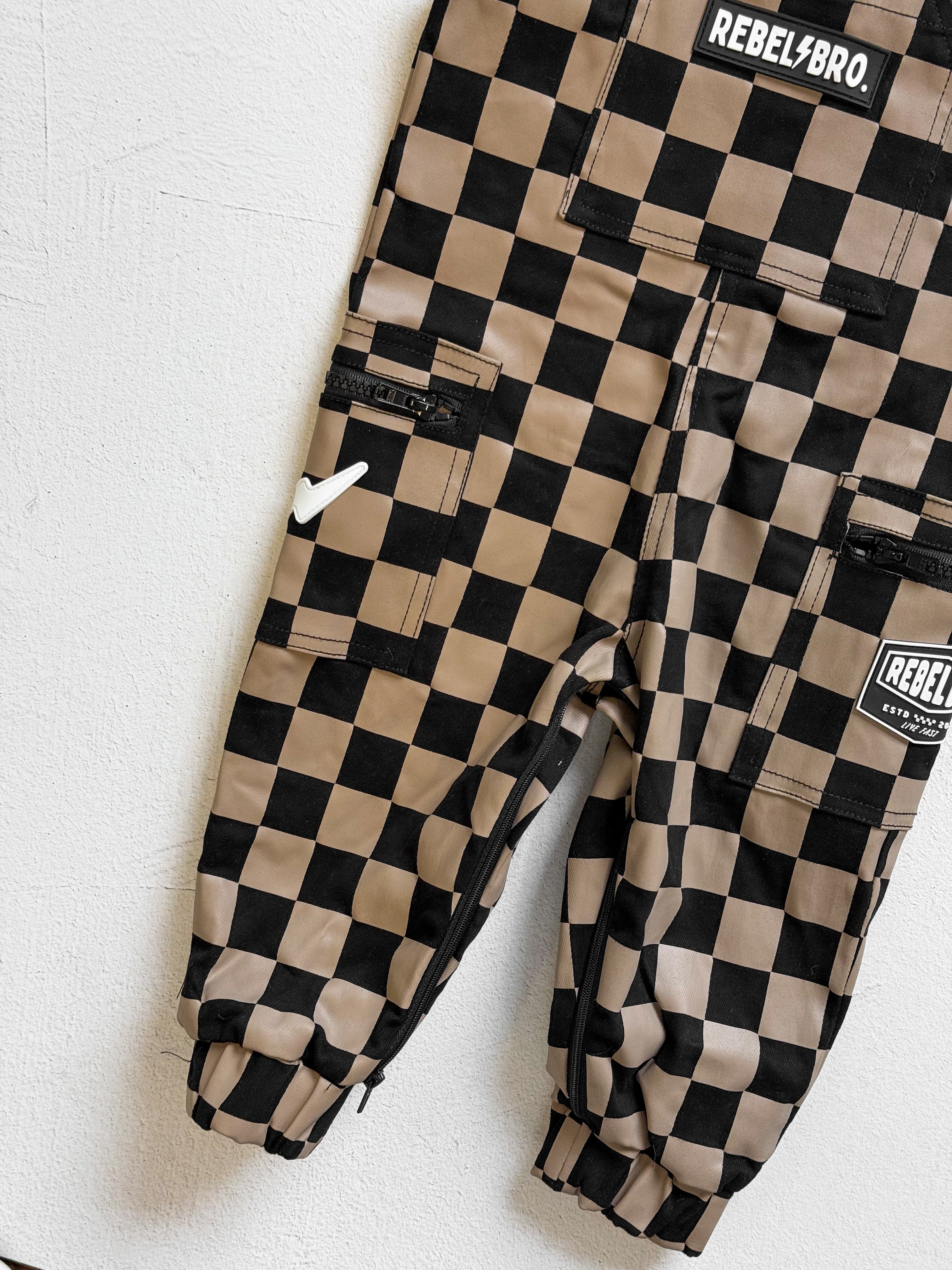 The Live Fast Overall in Taupe + Black Checkered - Rebel Bro