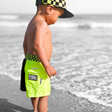 Hybrid Swim Trunks in Neon Electric Lime + Black Colorblock