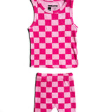 Tank + Biker Two Piece Set in Bubble Gum Checkered