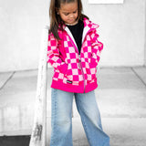 Girl's Full Zip Hoodie in Bubble Gum Checkered
