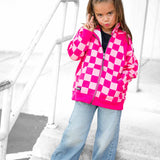 Girl's Full Zip Hoodie in Bubble Gum Checkered