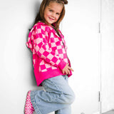 Girl's Full Zip Hoodie in Bubble Gum Checkered
