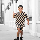 Everyday Cotton Shorts Set in Taupe + Black Checkered