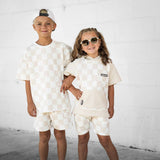 Short Sleeve Hoodie in Salt + Sand Checkered