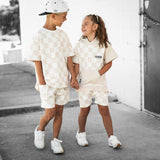 Short Sleeve Hoodie in Salt + Sand Checkered