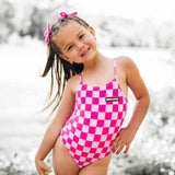 UPF50+ Girls Bow-Back One Piece Swimsuit in Bubble Gum Checkered