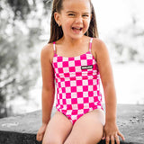 UPF50+ Girls Bow-Back One Piece Swimsuit in Bubble Gum Checkered