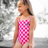 UPF50+ Girls Bow-Back One Piece Swimsuit in Bubble Gum Checkered