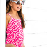 UPF50+ Girls Bow-Back One Piece Swimsuit in Bubble Gum Leopard