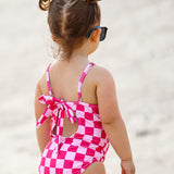 UPF50+ Girls Bow-Back One Piece Swimsuit in Bubble Gum Checkered