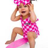 UPF50+ Girls Bow-Back One Piece Swimsuit in Bubble Gum Checkered