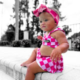 UPF50+ Retro Skirted Bikini Two Piece Swimsuit in Bubble Gum Checkered