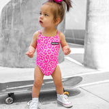 UPF50+ Girls Bow-Back One Piece Swimsuit in Bubble Gum Leopard