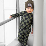 Organic Ribbed Set in Black + Olive Checkered