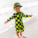 UPF50+ Boys Swim Romper in Neon Electric Lime + Black Checkered