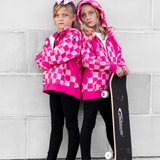 Girl's Full Zip Hoodie in Bubble Gum Checkered