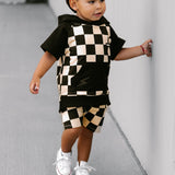 Short Sleeve Hoodie in Taupe + Black Checkered