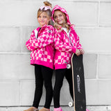 Girl's Full Zip Hoodie in Bubble Gum Checkered