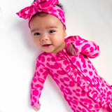Ruffled Bamboo Zippy Sleeper in Bubble Gum Leopard