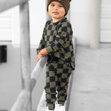 Organic Ribbed Set in Black + Olive Checkered