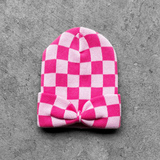 Bow Beanie in Bubble Gum Checkered