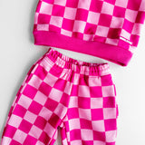 Fleece Hoodie + Sweatpants Set in Bubble Gum Checkered