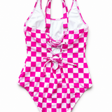 UPF50+ Women's One Piece Swimsuit in Bubble Gum Checkered