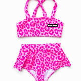 UPF50+ Retro Skirted Bikini Two Piece Swimsuit in Bubble Gum Leopard