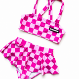 UPF50+ Retro Skirted Bikini Two Piece Swimsuit in Bubble Gum Checkered