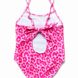 UPF50+ Girls Bow-Back One Piece Swimsuit in Bubble Gum Leopard